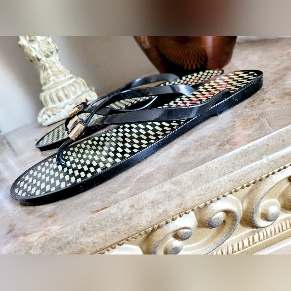 Coach Landon Women Patterned Jelly Thong Flip Flops Black/Ivory Logo Bow US 8.5 - Picture 8 of 16